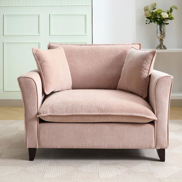 Small Pink 46.9 in. Chenille Upholstered Accent Chair with Pillows, Flaring Armrests, Sturdy Wood Legs