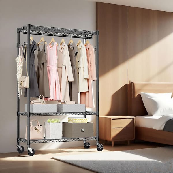 3-Tier Heavy Duty Rolling Garment Rack, Adjustable Wire Shelving Clothing Rack with Wheels and Side Hooks in Black