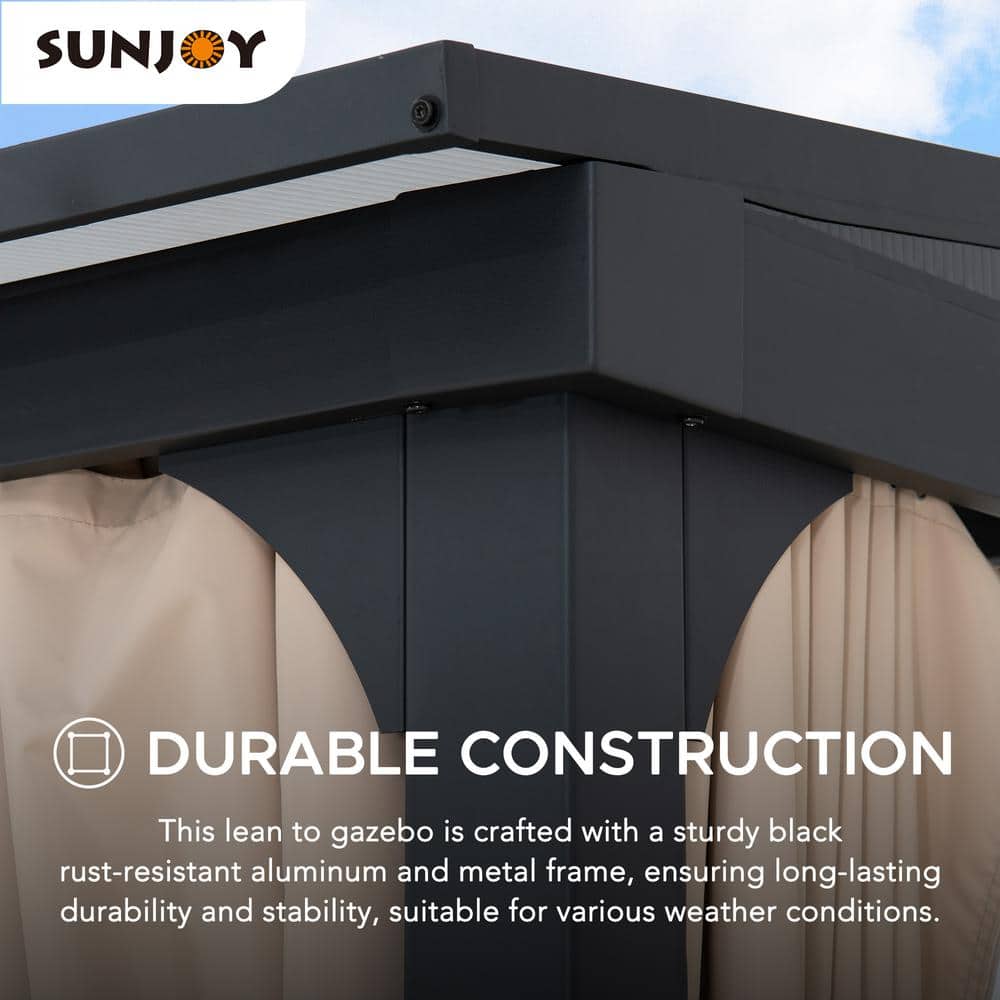 Sunjoy 10 x 12 ft Black Aluminum Wall-Mounted Gazebo with Curtains