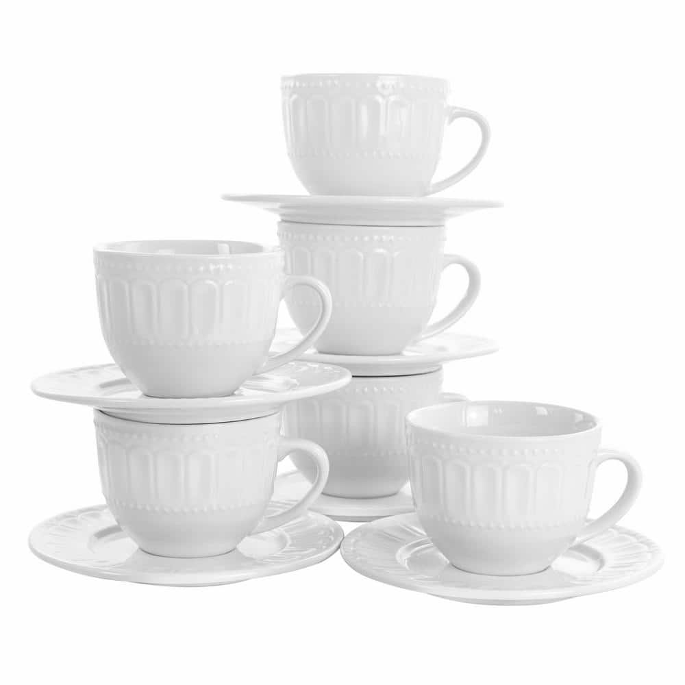 Houseables Espresso Cups and Saucers With Spoons, White, Stackable Demitasse,  Metal Stand, 19 Pieces, 2.5 Ounce, Porcelain, Tea Kit, Teacups 