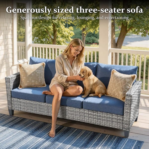 New Vultros Gray 7-Piece Wicker Outdoor Patio Conversation Seating Set with Blue Cushions