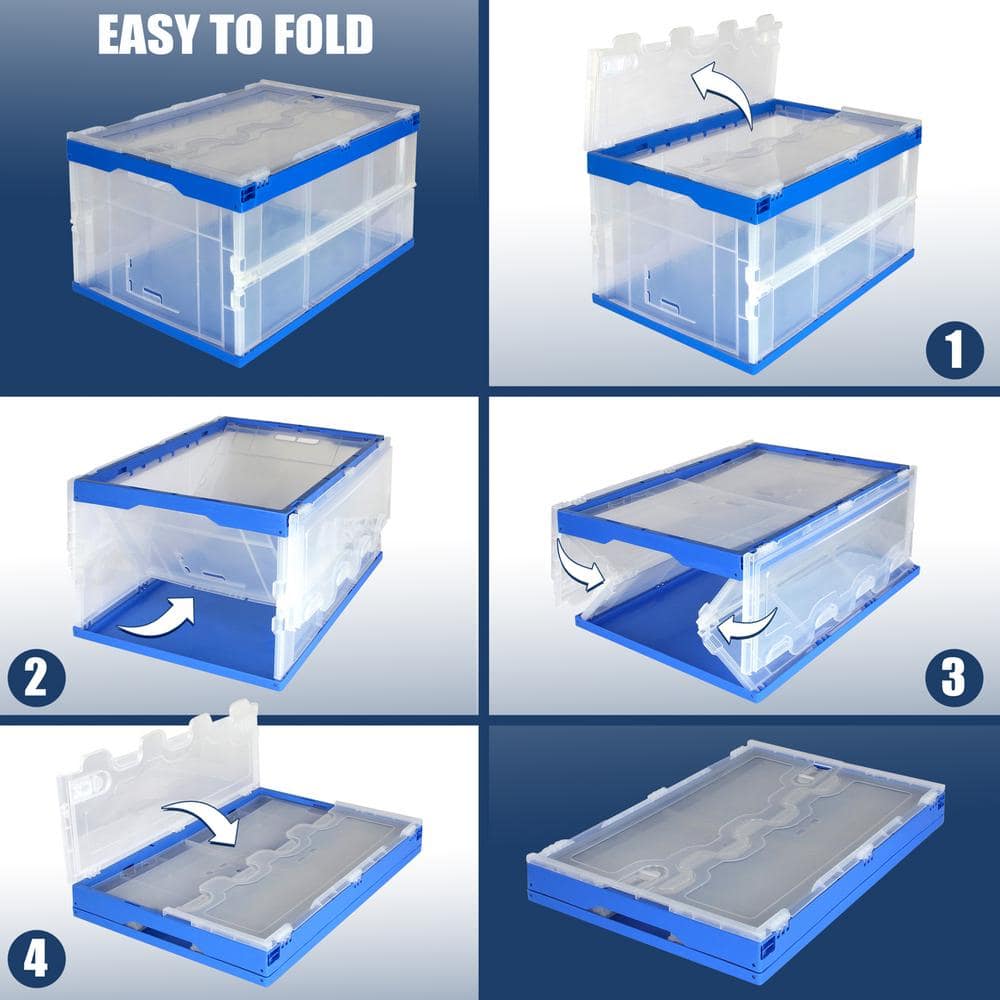 Clear and Blue Collapsible Plastic Storage Crate with Lid, 65L Capacity