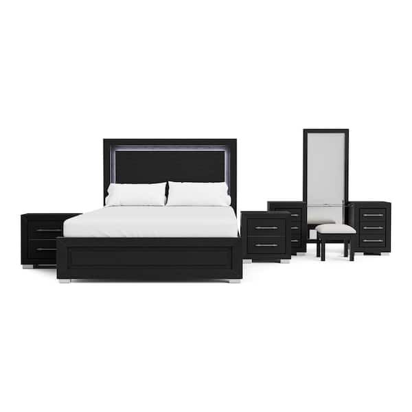Fairhart 5-Piece Black Wood King Panel Bedroom Set with 2 Nightstands and Vanity Set