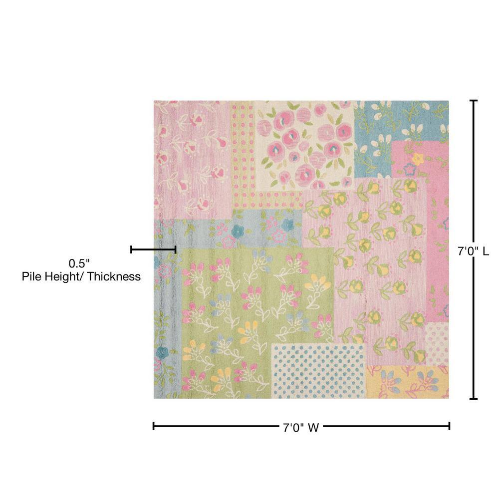 Handmade Pink and Multi Floral Wool Kids Rug, 7' x 7'