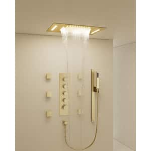 Thermostatic 15-Spray Ceiling Mount 23x15 in. Rectangle Shower Head with LED and Valve in Brushed Gold