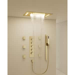 Thermostatic 15-Spray Ceiling Mount 23 x 15 in. Rectangle LED Mood Lighting Shower System with Valve in Brushed Gold