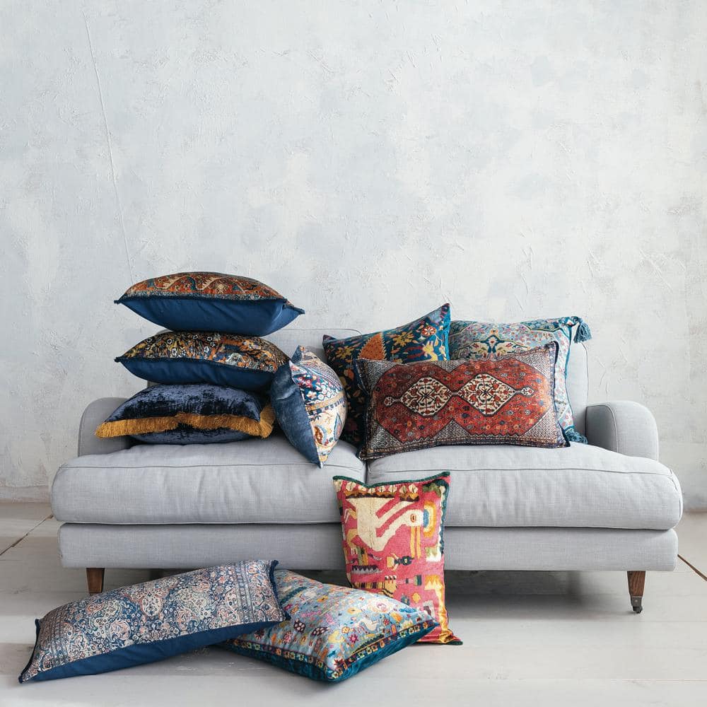 Vintage Multicolor Velvet Rectangular Lumbar Pillow with Fringe