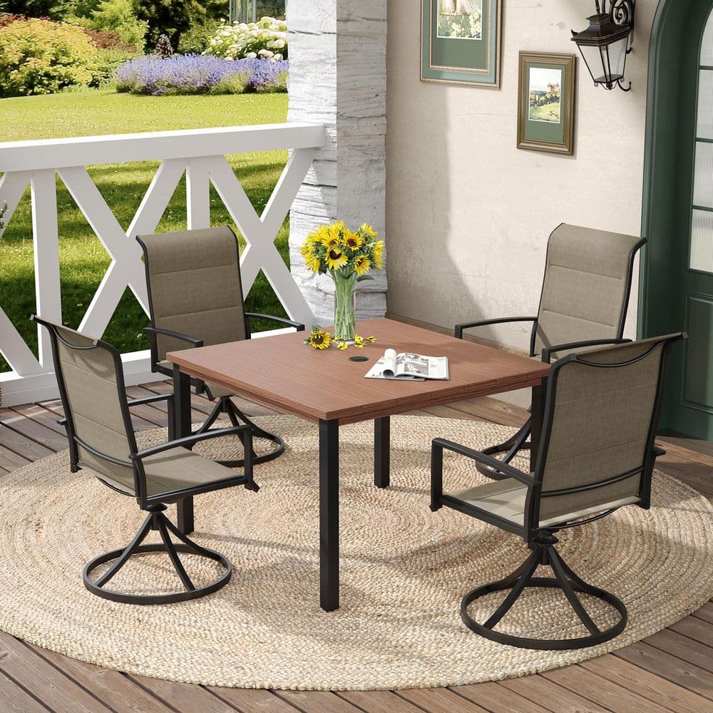 5-Piece Metal Textilene Outdoor Patio Dining Set with 40.2 in. Walnut Square Table and 4 Swivel Dining Chairs in Brown price history on PriceWatchPro