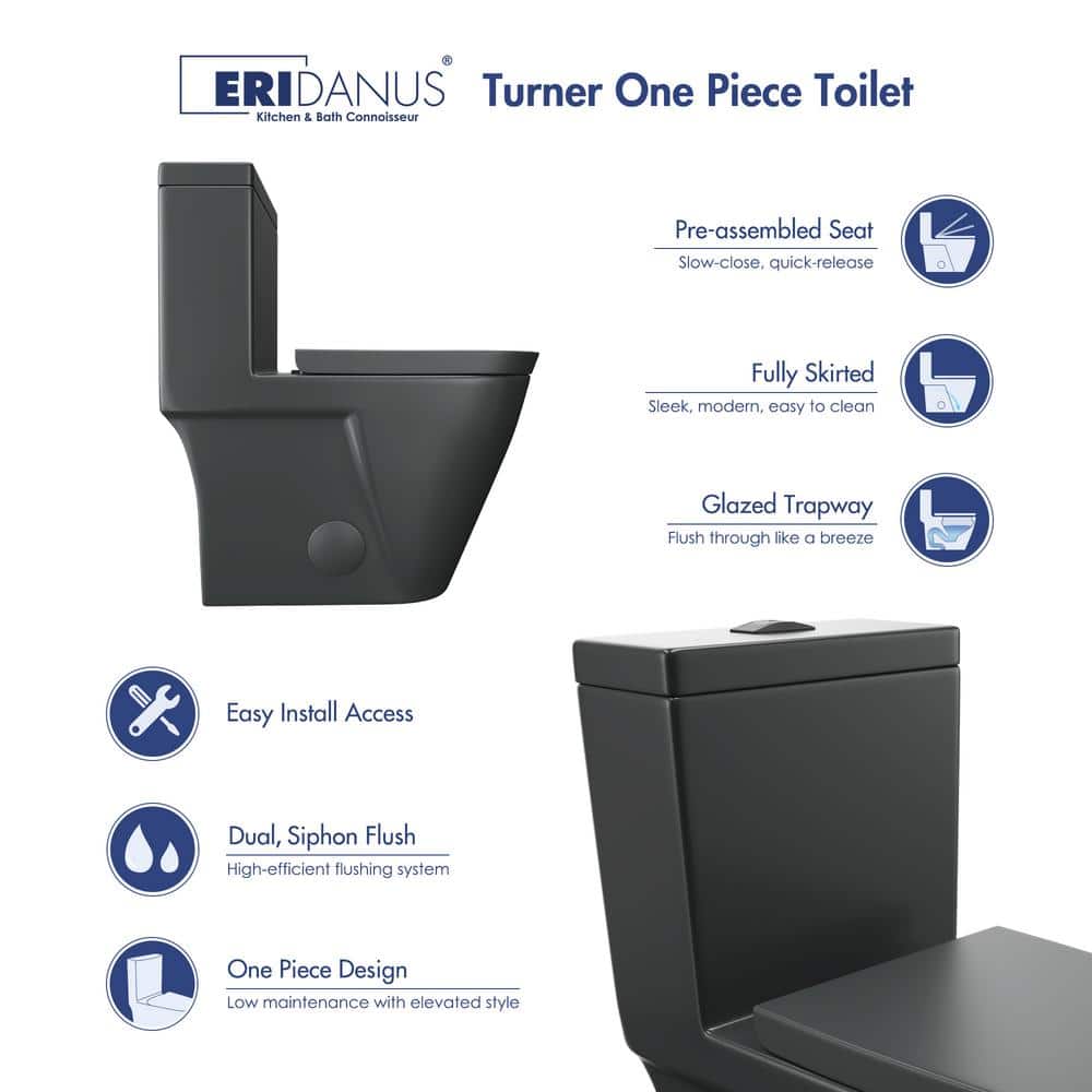 Turner Matte Black Elongated Dual Flush One-Piece Toilet