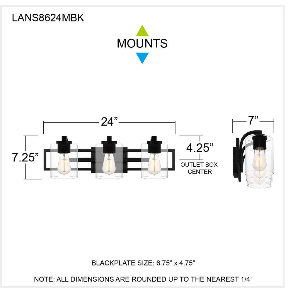 Lansdowne 24" Matte Black Steel 3-Light Vanity Fixture
