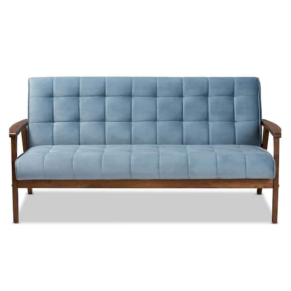 Baxton Studio Asta 63.9 in. Light Blue Walnut Polyester 3 Seater