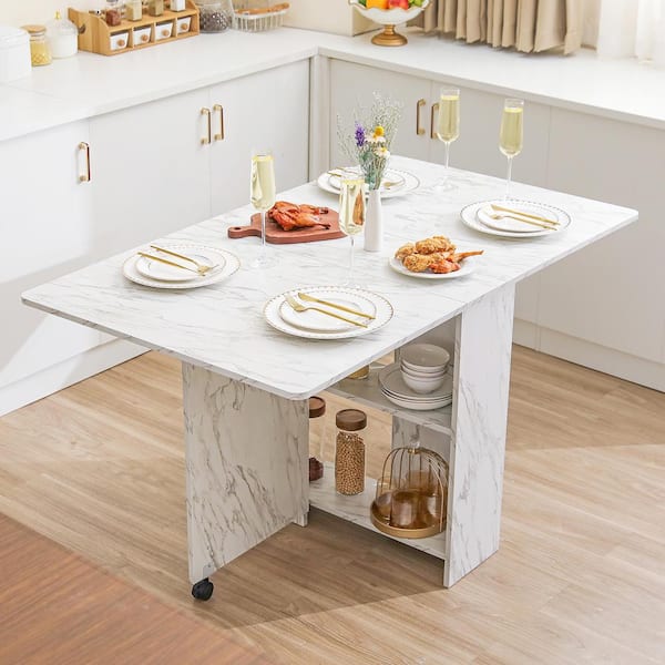 Dinaza 55.1 in. Rectangle White Marble Wood Folding Dining Table Drop Leaf Table with 2-Tier Racks with Wheels (Seats 6)