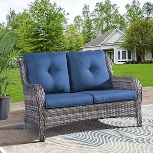 Carolina Gray Wicker Outdoor Loveseat with CushionGuard Blue Cushions