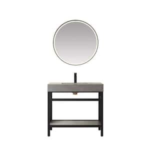 Funes 36 in. W x 22 in. D x 34 in. H Single Sink Bath Vanity in Matt Black with Grey Natural Stone Top and Mirror