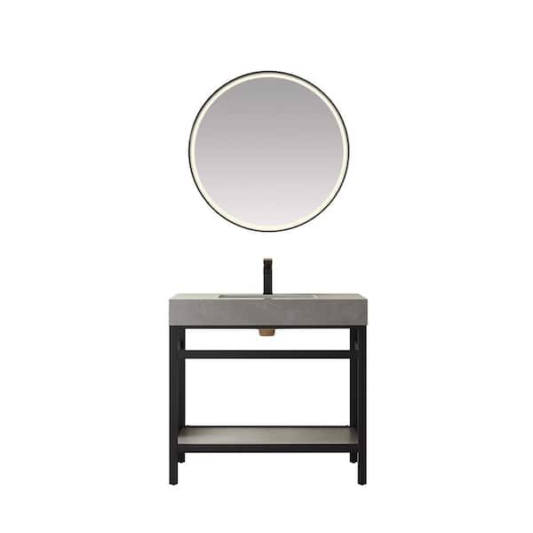 ROSWELL Funes 36 in. W x 22 in. D x 34 in. H Single Sink Bath Vanity in Matt Black with Grey Natural Stone Top and Mirror