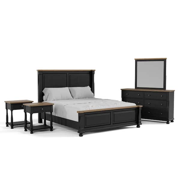 Windcrest 5-Piece Farmhouse Black Wood Queen Bedroom Set