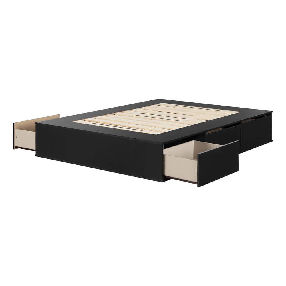 Queen Pure Black Wood Frame Upholstered Platform Bed with 6 Drawers