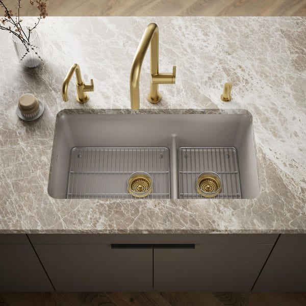 Cairn Matte Taupe Granite Composite 33 .5 in. Double Bowl Undermount Kitchen Sink