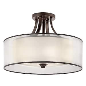 Lacey 20 in. 4-Light Mission Bronze Hallway Transitional Semi-Flush Mount Ceiling Light with Organza Shade