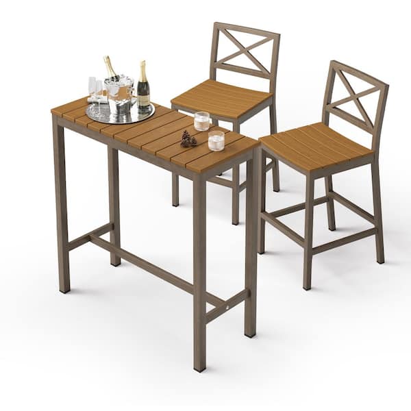 LUE BONA Humphrey 3 Piece 39 in. Teak Alu Outdoor Patio Dining Set Pub Height Bar Table Plastic Top With Armless Bar Stools