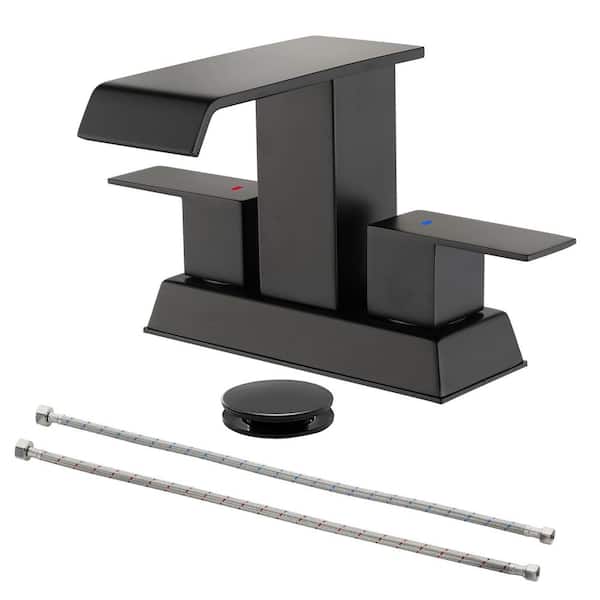 AIMADI 4 in. Centerset Double Handle Waterfall Bathroom Faucet with Pop-Up Drain 3 Hole Bathroom Sink Taps in Matte Black