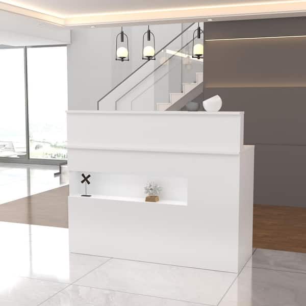 FUFU&GAGA Wooden Computer Desk, White Writing Desk with 2 Drawers, Keyboard Tray and Eco-Friendly Paint Finish, 47.2 in. W