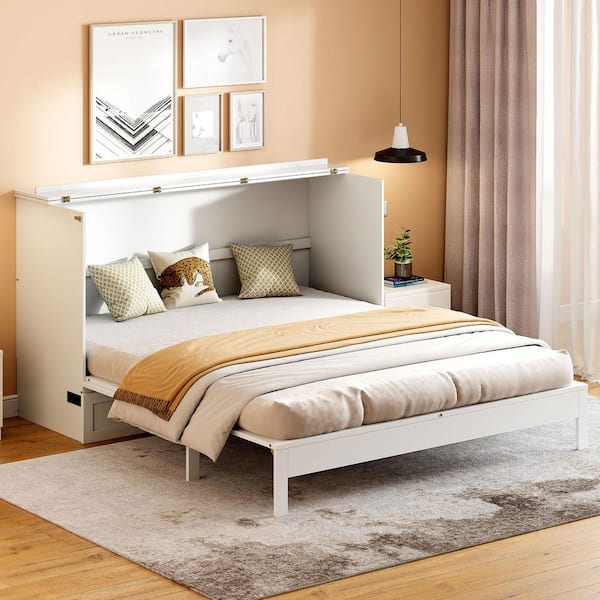 White Wood Frame Queen Murphy Bed with Large Drawers
