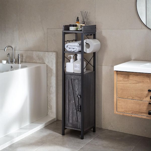 Narrow Bathroom Cabinet with Toilet Paper Holder Rustic Accent Storage Cabinet for Tight Corners Gray 31.5 in. H