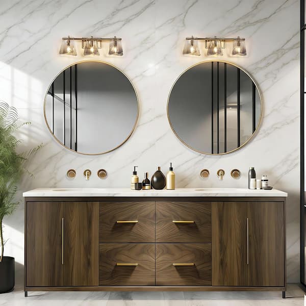 Afmean 23.6 in. Modern 3-Light Plated Brass Gray Glass Bathroom Vanity Light Modern Glam Wall Sconce for Mirror/Cabinet