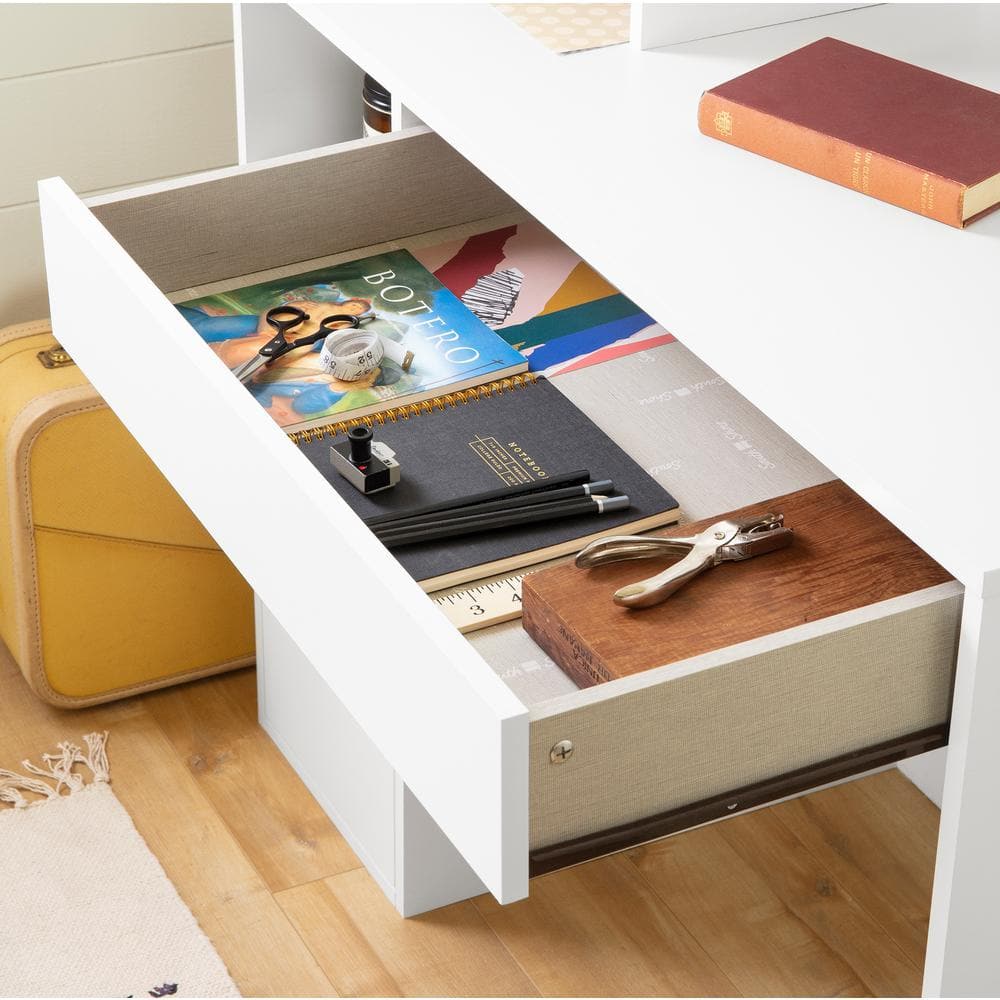 White Wood Craft Desk with Hutch and Filing Cabinet