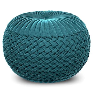Grafton Transitional Round Pouf in Teal Velvet Fabric