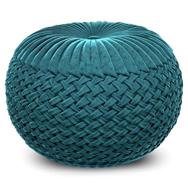 Simpli Home Grafton Transitional Round Pouf in Teal Velvet Fabric