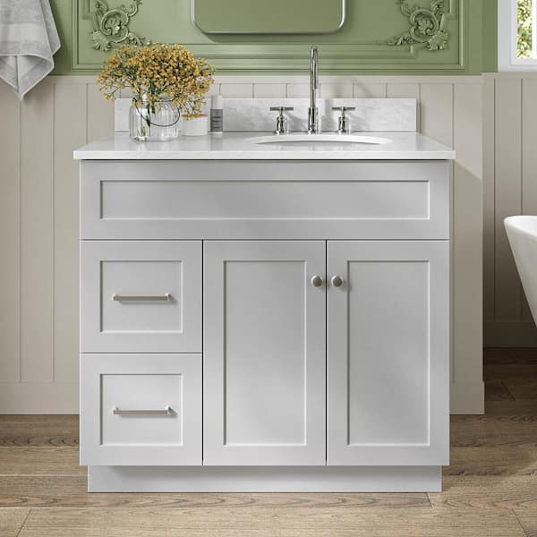 ARIEL Hamlet 36 in. Single Sink Freestanding Bathroom Vanity in Gray with 0.75" Carrara White Marble Top