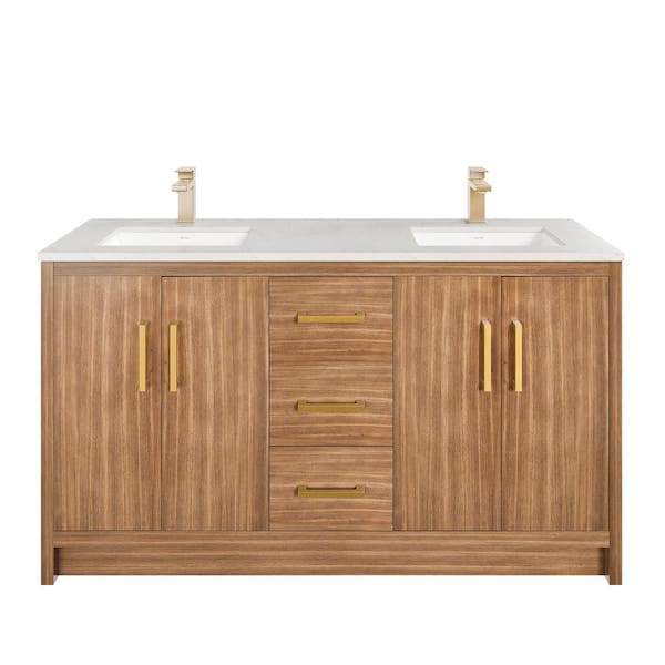 Curio 60 in. Double Sink Walnut Bath Vanity with White Carrara Quartz Top (Assembled)