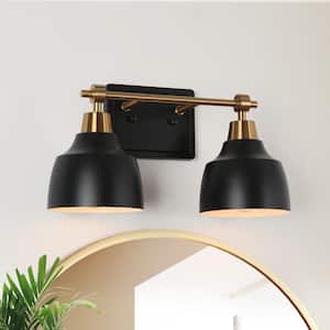 Modern 2-Light Black Vanity Light with Brass Plated Metal Arm White Inner Bell Shades for Bathroom Round/Arched Mirror