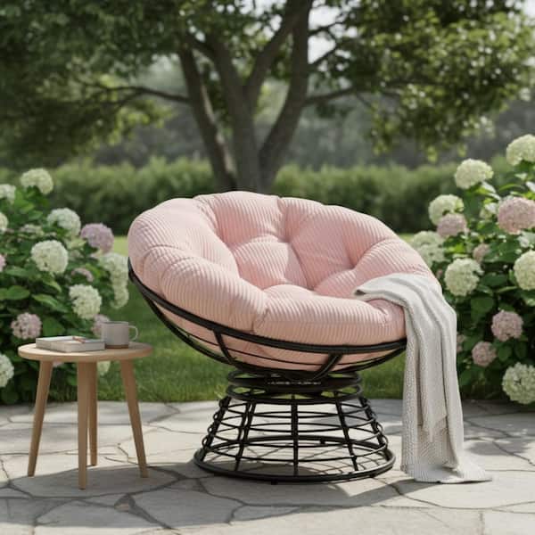36 in. Modern Wicker Papasan Chair with Pink Cushion, Swivel