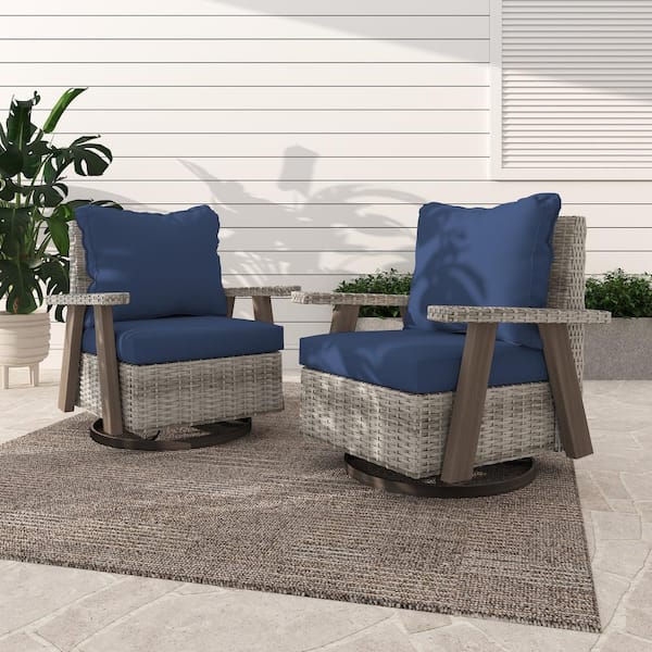 INMITOM Wicker Patio Outdoor Rocking Chair Swivel Lounge Chair with Blue Cushion (2-Pack)