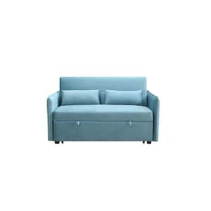 57 in. Blue Modern Velvet Adjustable Pull Out Sofa Bed with 2 Side Pockets and Pillows