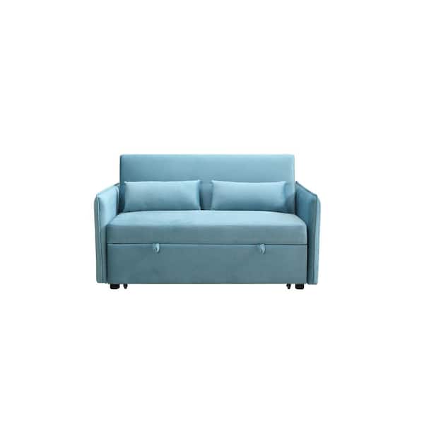 HOMEFUN 57 in. Blue Modern Velvet Adjustable Pull Out Sofa Bed with 2 Side Pockets and Pillows