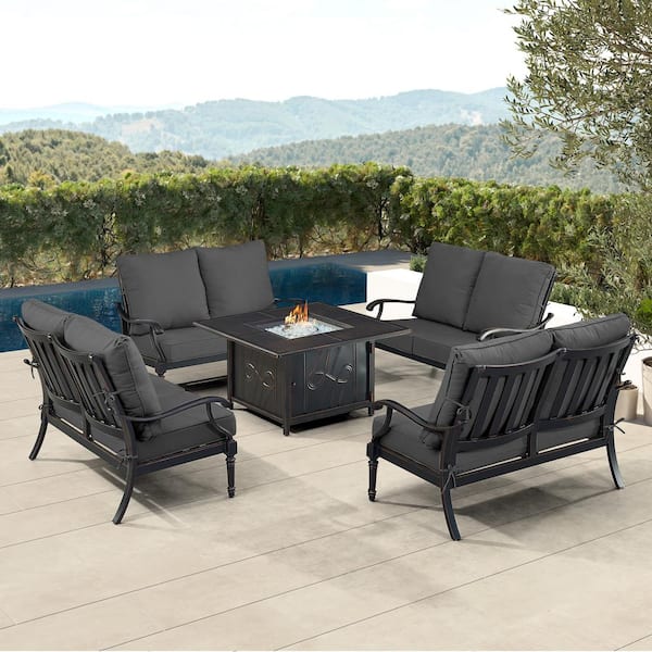 Oakland Living Black 5-Piece Aluminum Patio Fire Pit Set with Black Cushions