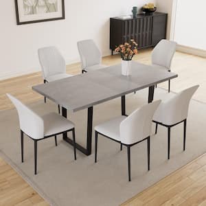 7-Piece Set of 6 White Chairs and Retractable Dining Table, Dining Table Set, Dining Room Set with 6 Modern Chairs