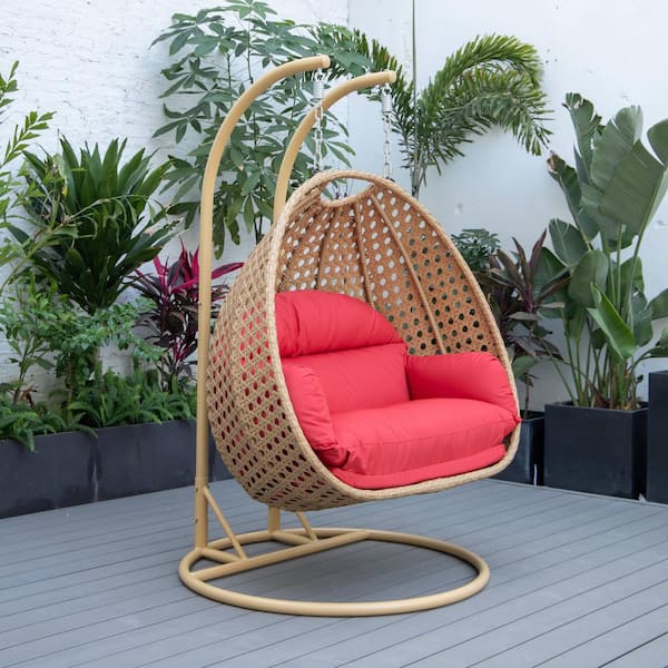 Leisuremod Mendoza 53 in. 2 Person Light Brown Wicker Patio Swing Chair with Stand and Red Cushions