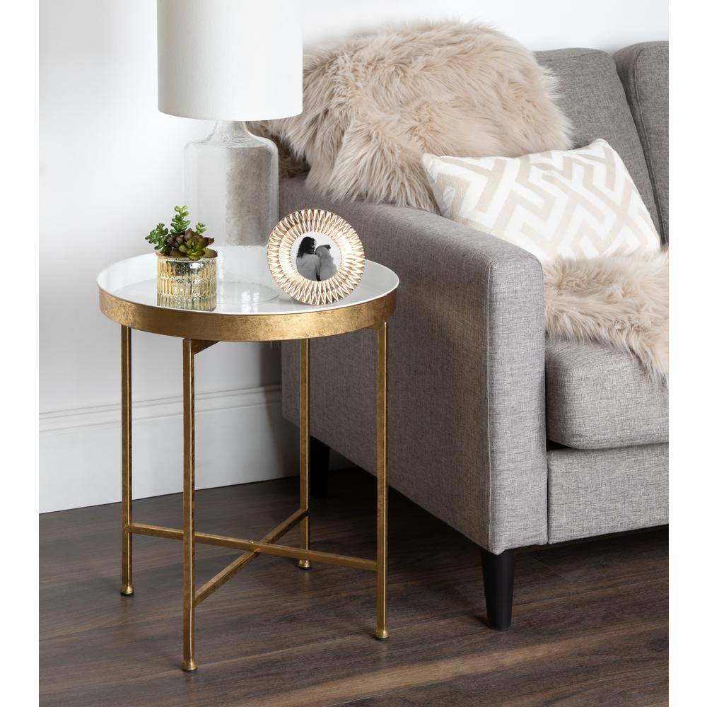 Celia Round White and Gold Metal Mirrored Side Table, 21"
