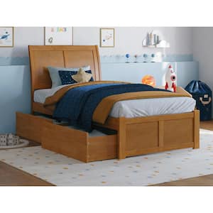 Portland Light Toffee Natural Bronze Solid Wood Frame Twin Platform Bed with Footboard and Storage Drawers