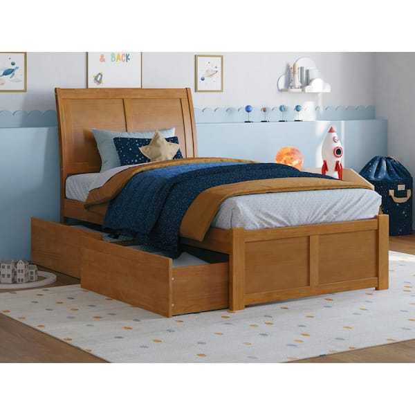 AFI Portland Light Toffee Natural Bronze Solid Wood Frame Twin Platform Bed with Footboard and Storage Drawers