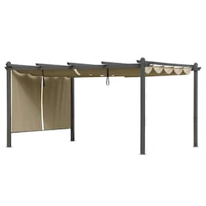 16 ft. x 12 ft. Gray Aluminum Frame Patio Pergola with Khaki Retractable Shade Top Canopy and 2-Pieces Roller Shade