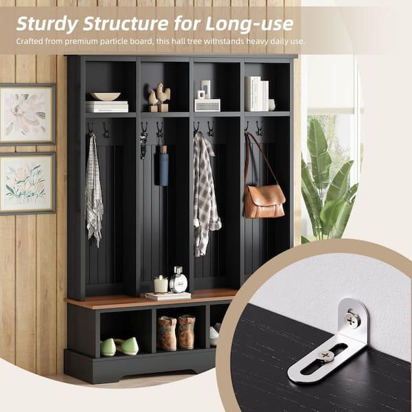 Harper & Bright Designs Modern 3-in-1 Black Wood Hall Tree with 8