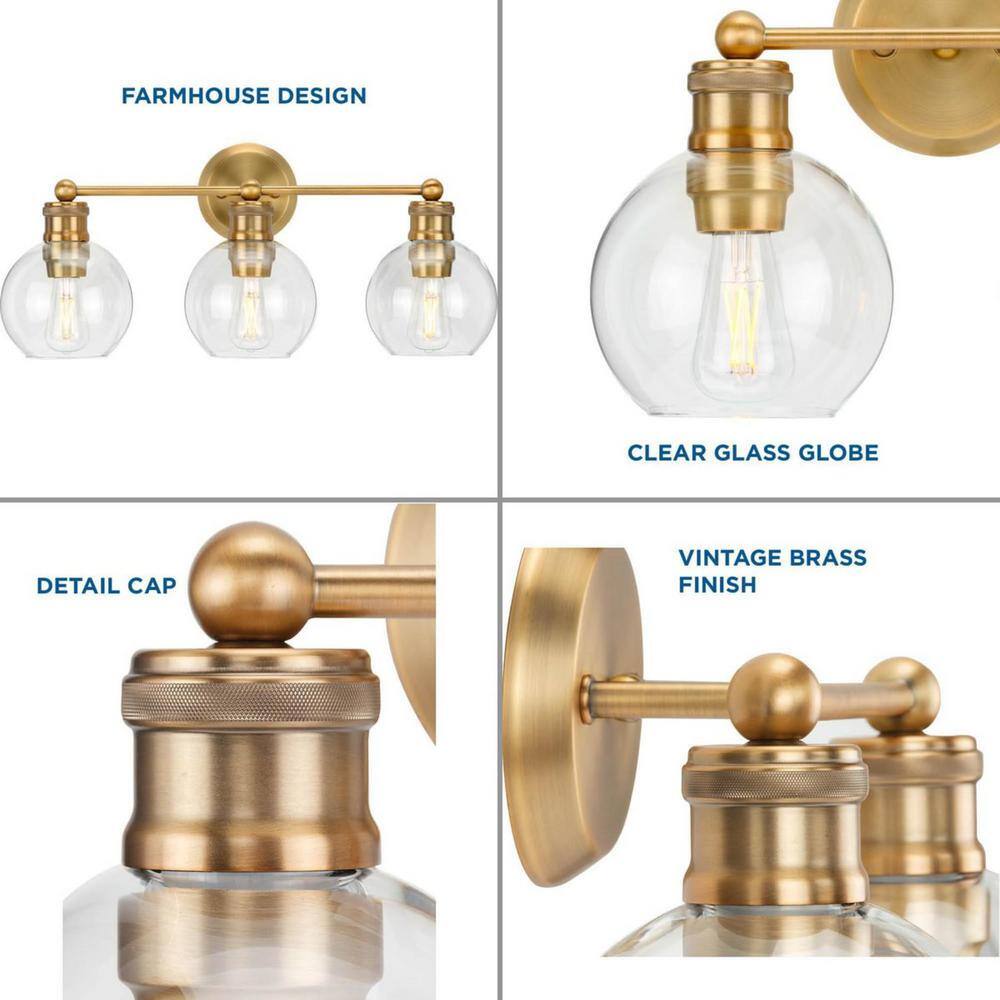 Hansford 3-Light Vintage Brass and Glass Bath Vanity