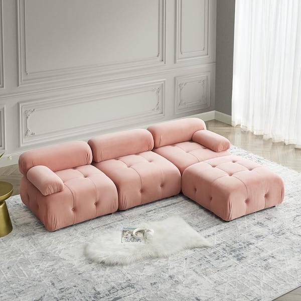 ANGELES HOME 4-Piece Modern Solid Wood Velvet L Shaped Button Tufted Modular Sectional Sofa in. Pink