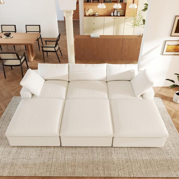 118 in. Square Arm 6-Piece Linen L-shaped Sectional Sofa Cloud Couch in White with Ottoman